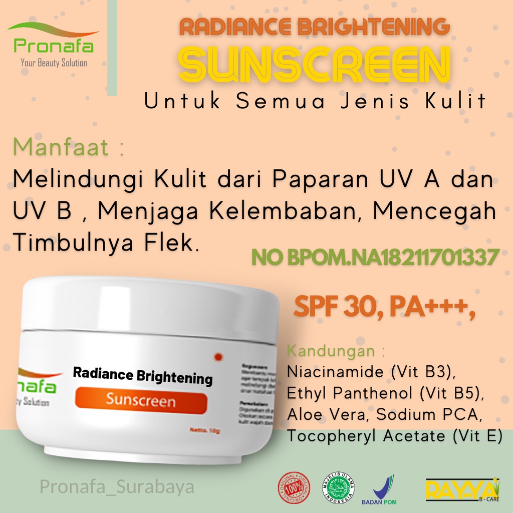 Cream Pagi Tabir Surya Pelindung wajah SPF 30 niacinamide  BPOM RADIANCE BRIGHTENING SUNSCREEN Prona