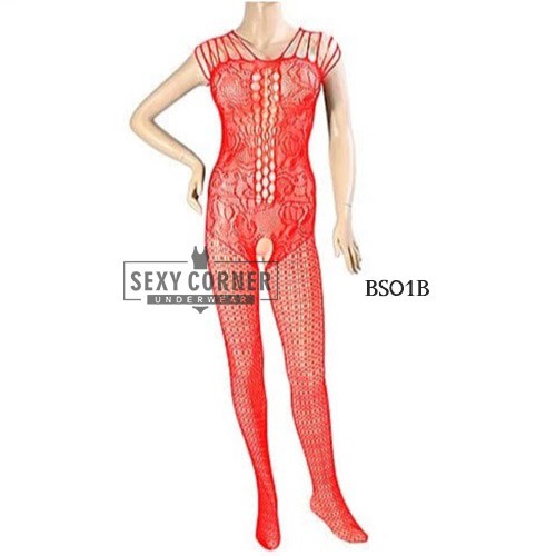 Body Stocking Jaring Open Crotch Full Body Merah BS01B