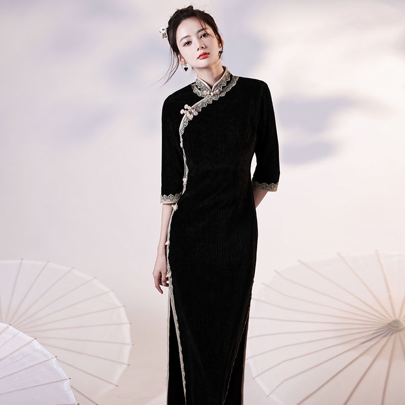 Corduroy cheongsam spring 2022 new young style high-end temperament LONG SLEEVED BLACK thickened dre