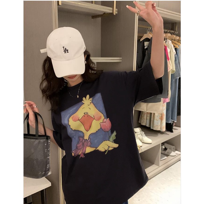 [100%  Katun]Yellow Duck Cartoon Kaos Cream Atasan Wanita Lengan Pendek Oversize Printed T-shirt Baju Wanita Kekinian Korean Style