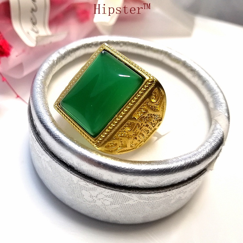 Hot Sale Retro Domineering Inlaid Emerald Gold Square Adjustable Ring