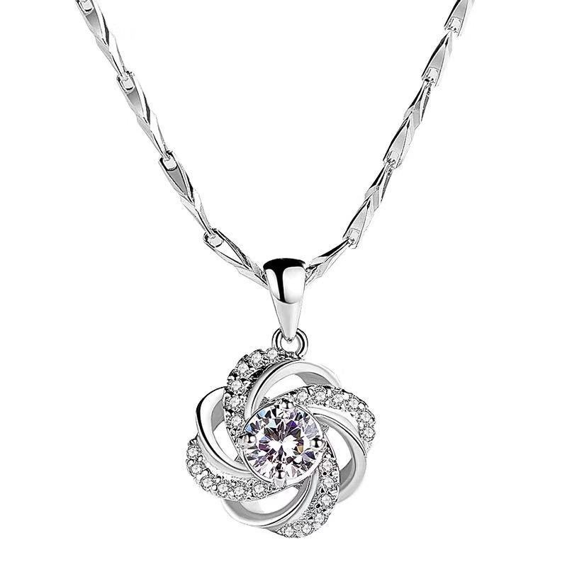 ANTI KARAT Kalung + Liontin Wanita Zircon DIAMOND FLOWER D-45 Sterling Silver Plated Perak S925 S925