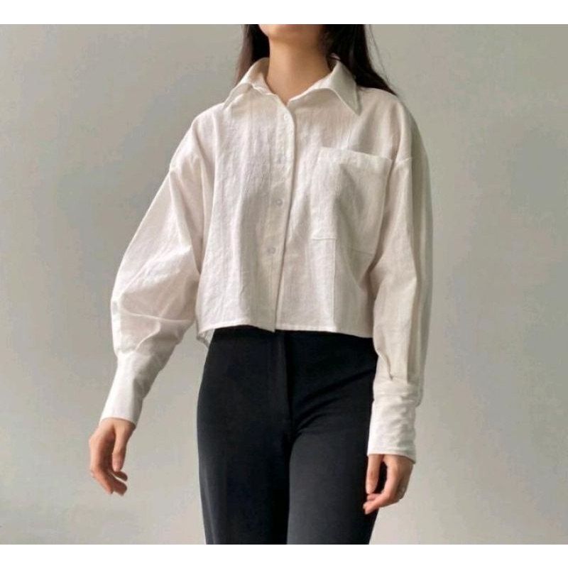 Davi Kemeja Crop -Linen Crinkcle - Kemeja Crop Wanita - Kemeja Oversize Wanita -Lengan Panjang - Atasan Wanita- Kemeja Wanita