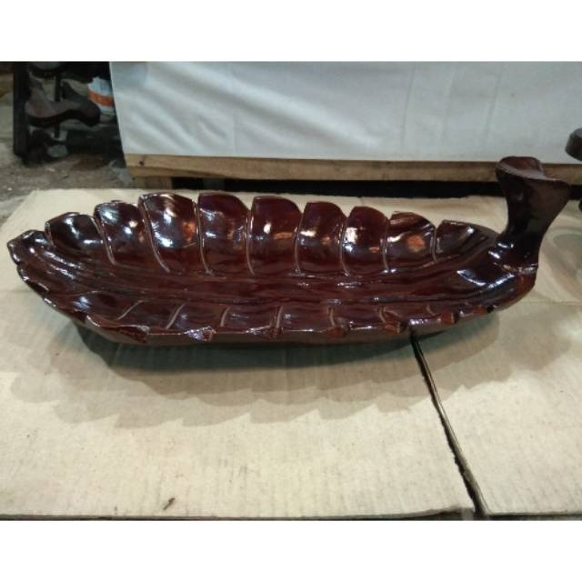 TEMPAT BUAH BENTUK DAUN PANJANG MELENGKUNG BAHAN KAYU JATI 38x19x10 cm - DEKORASI RUMAH MURAH