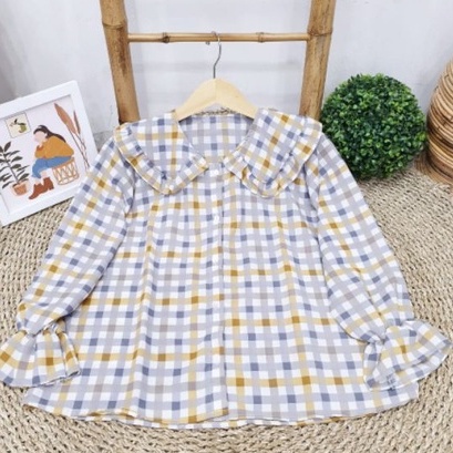 BLOUSE BALON MIZU TARTAN /Una Top KEMEJA REMPEL LORI SHIRT / BLOUSE TARTAN KOTAK OVERSIZE-MIZU NEW YELLOW