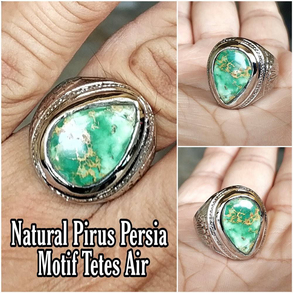 CINCIN BATU AKIK NATURAL PIRUS PERSIA HIJAU MOTIF TETESAN AIR