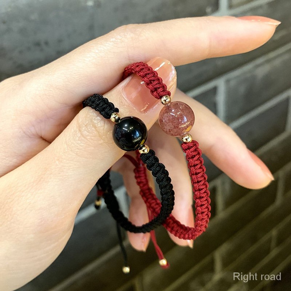 2pcs Gelang Manik-Manik Kristal Obsidian Warna Hitam Merah Untuk Pria Dan Wanita