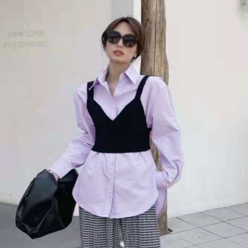 MDLV ~ 5831 NEPLOE PLAIN SHIRT W VEST SET KEMEJA DAN VEST RAJUT ELASTIS FASHION IMPORT WANITA