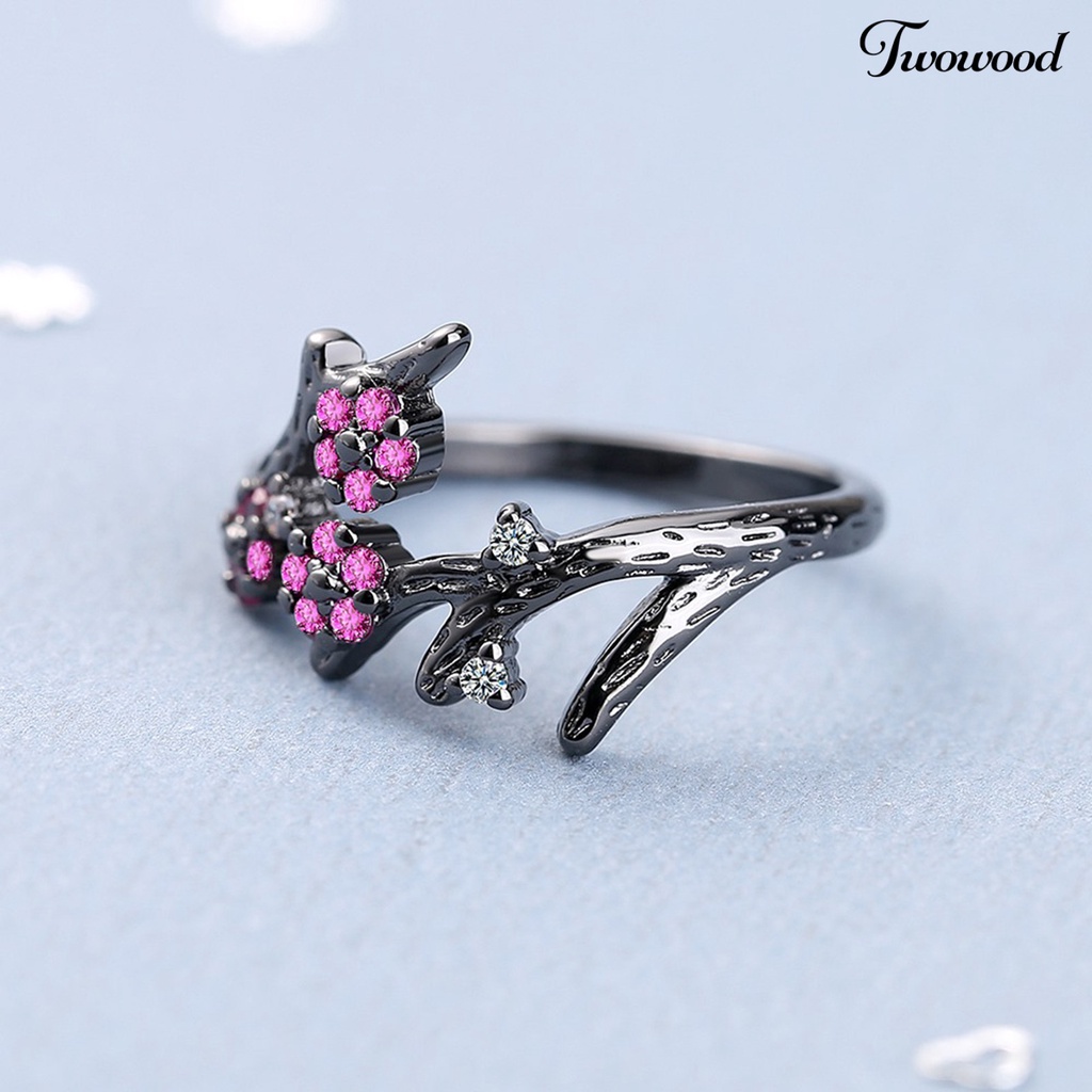 Twowood Adjustable Ring Open End Copper Blooming Plum Flower Rhinestone Ring for Daily Wear