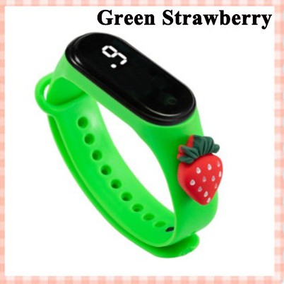 Jam Tangan LED Digital IP67 Anti Air Motif Kartun Anak Laki-laki Perempuan LED Minimalis Gelang-Green Strawberry