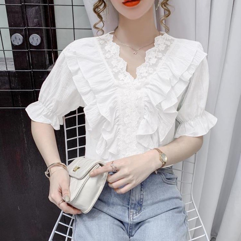 #Sisjuly# Wanita Renda Jahitan V-Neck Shirt Musim Panas Baru Manis Ruffle Lengan Pendek Kemeja Top