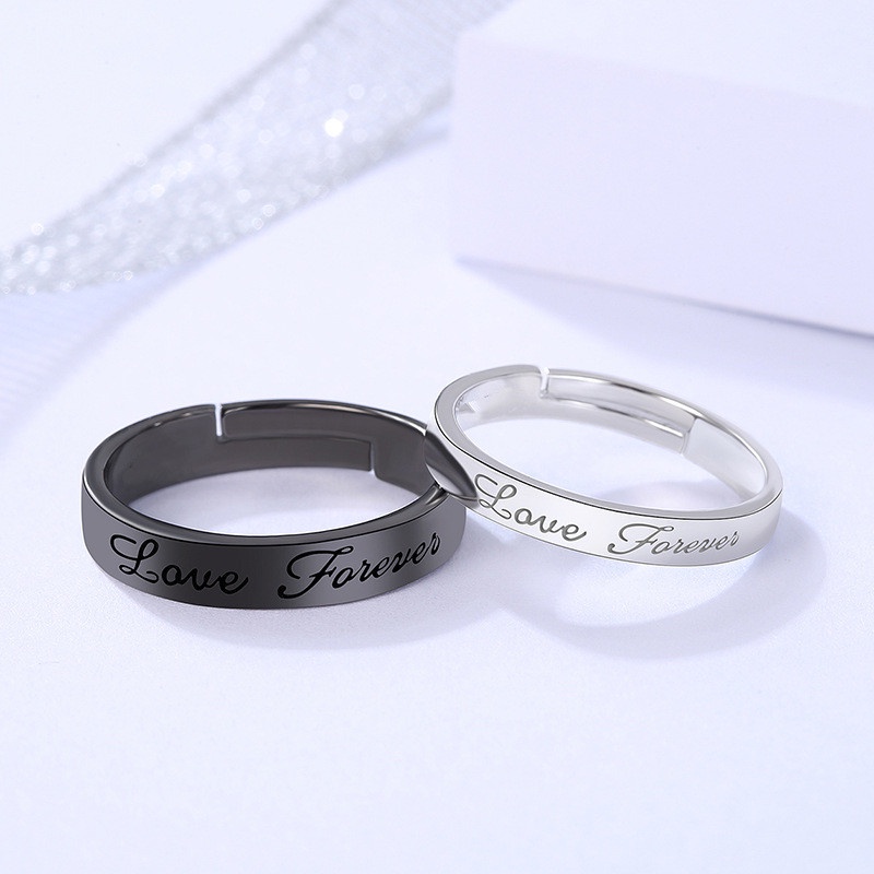 Cincin Model Terbuka Adjustable Desain Hati ECG Forever Love Warna Hitam Putih Untuk Pria Dan Wanita