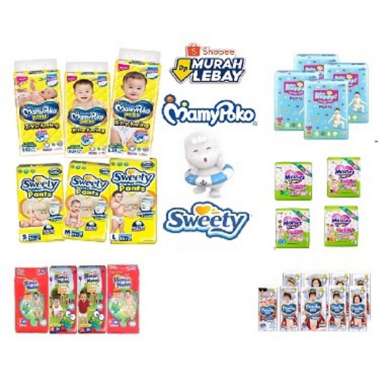 MamyPoko Pants X-tra Kering Dan Baby Happydan MAKUKU / Pampers Bayi / Popok/ Pampers Celana Bayi Ukuran S, M dan L