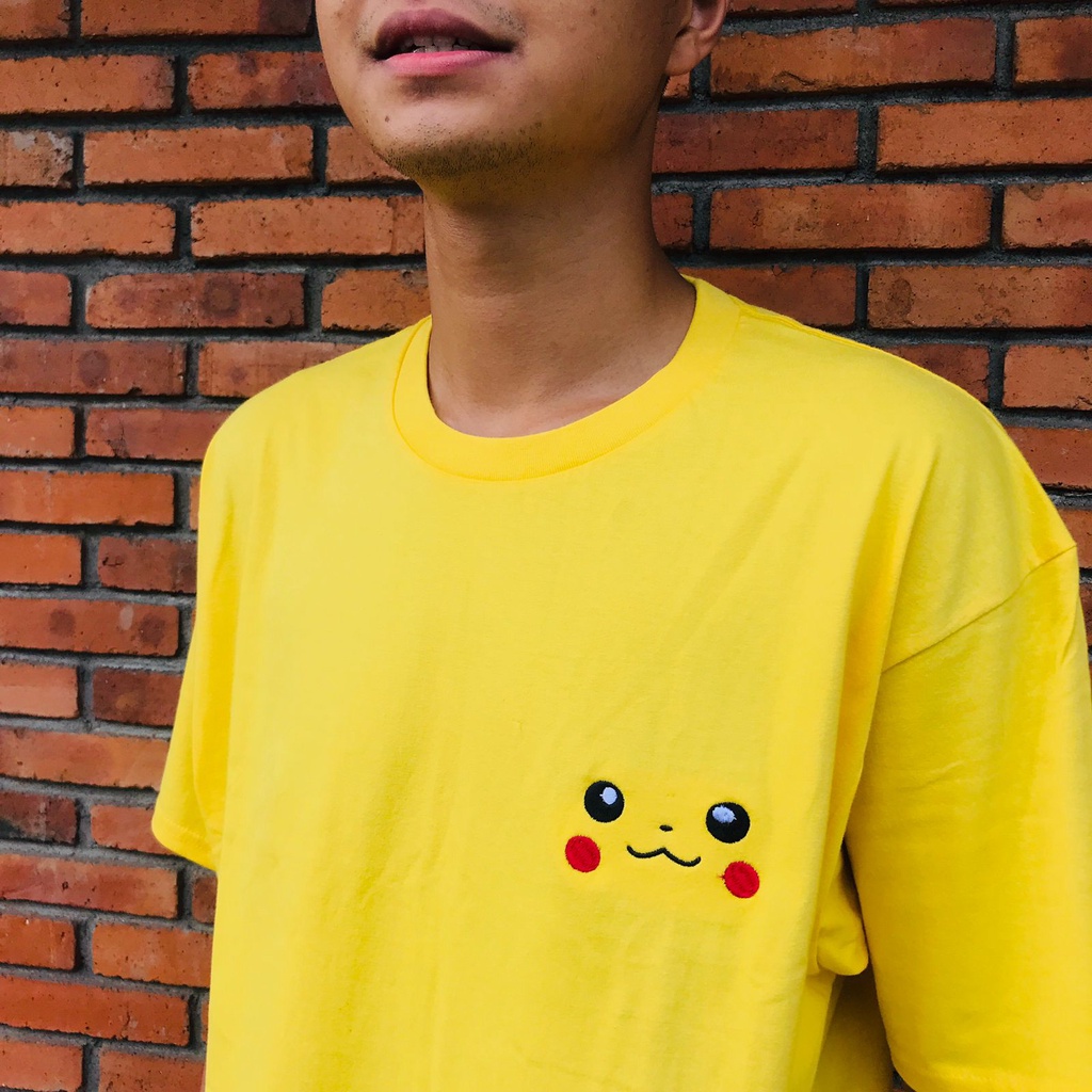 Tshirt Pikachu Face Embroidery Yellow Cute Kawaii Japan Premium Unisex