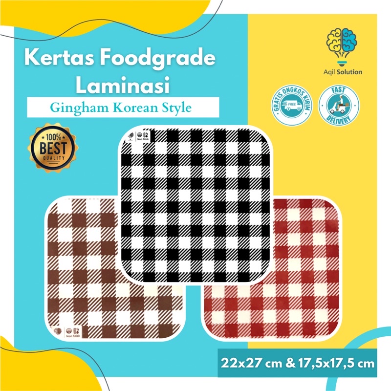 (17,5x17,5 = 100 pcs ) PREMIUM - Kertas Foodgrade Laminasi / Alas Bekel Viral Gingham Korean Style / Tartan/ Bungkus roti, Burger, Kebab, Crepes, Sushi, Tacos bento cake, dll