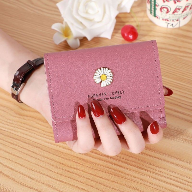 (COD)Dompet Lipat Wanita Kecil Motif Bunga Daisy Dompet Wanita Mini Fashion-Q27-Pink tua