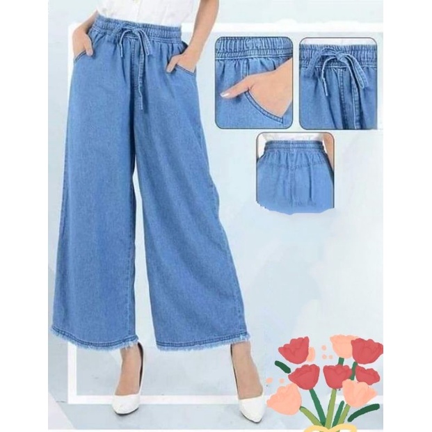 Jeans kulot masa kini - all size - pinggang karet - tali depan - bahan denim