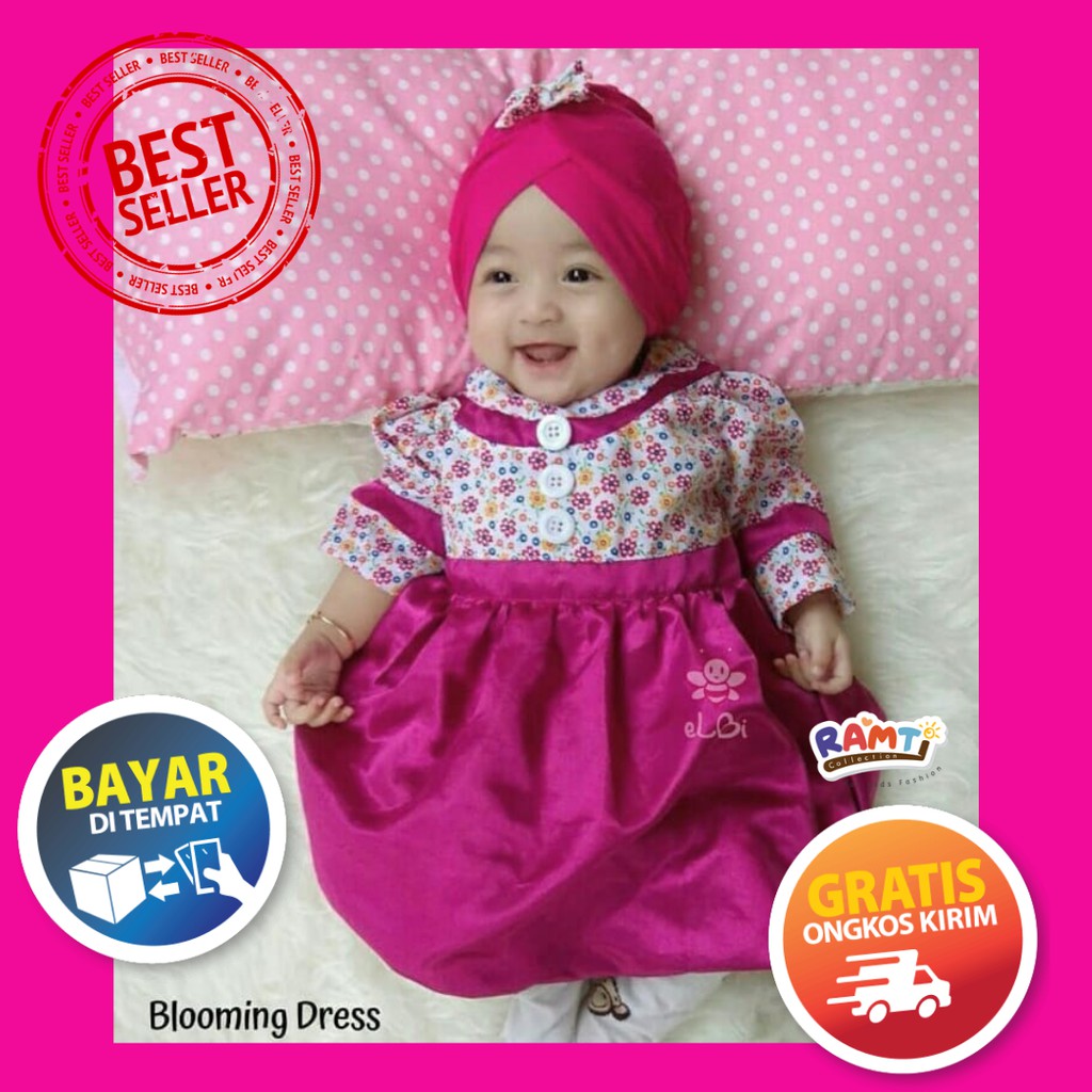 Dress Baby Lucu I Dress Pesta Bayi I Setelan Baju Muslim Turban