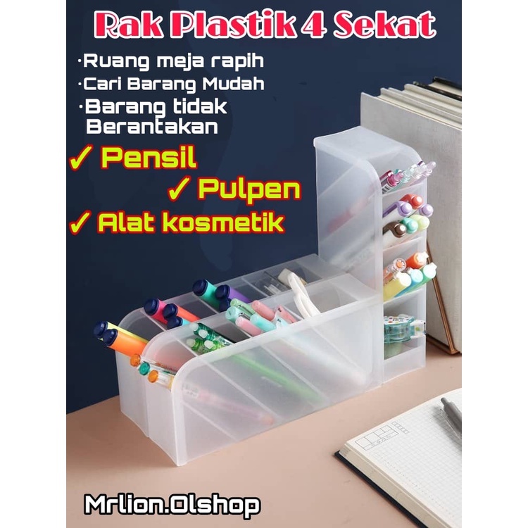 Rak Mini 4 Sekat/Rak laci Plastik 4 Slot Pulpen Spidol/Desktop Draewr