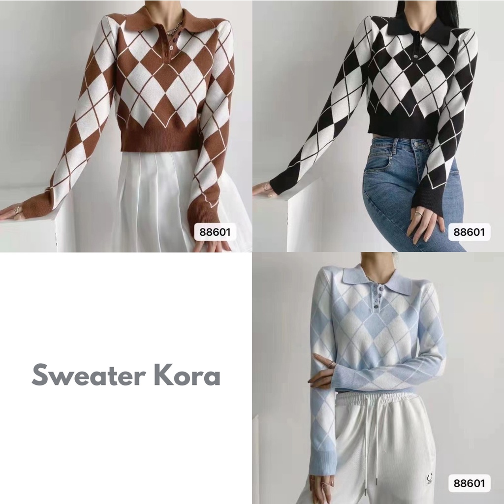 Sweater Kora Motif Kotak-Kotak / Sweater Korean Girl - WTK