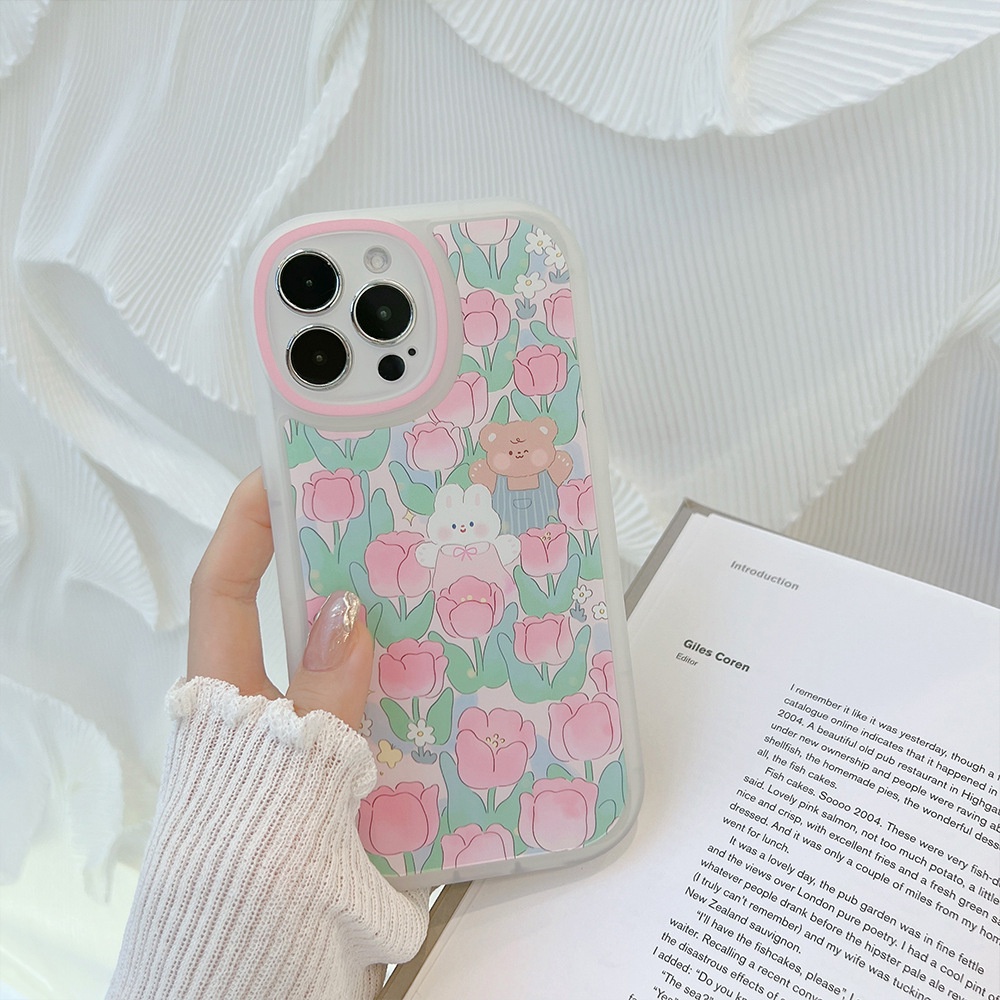 Casing Tpu iPhone 11 7 + 8 + Xr xs Max 13 12 Pro Max 11 xs Shockproof Motif Beruang Bunga Pink