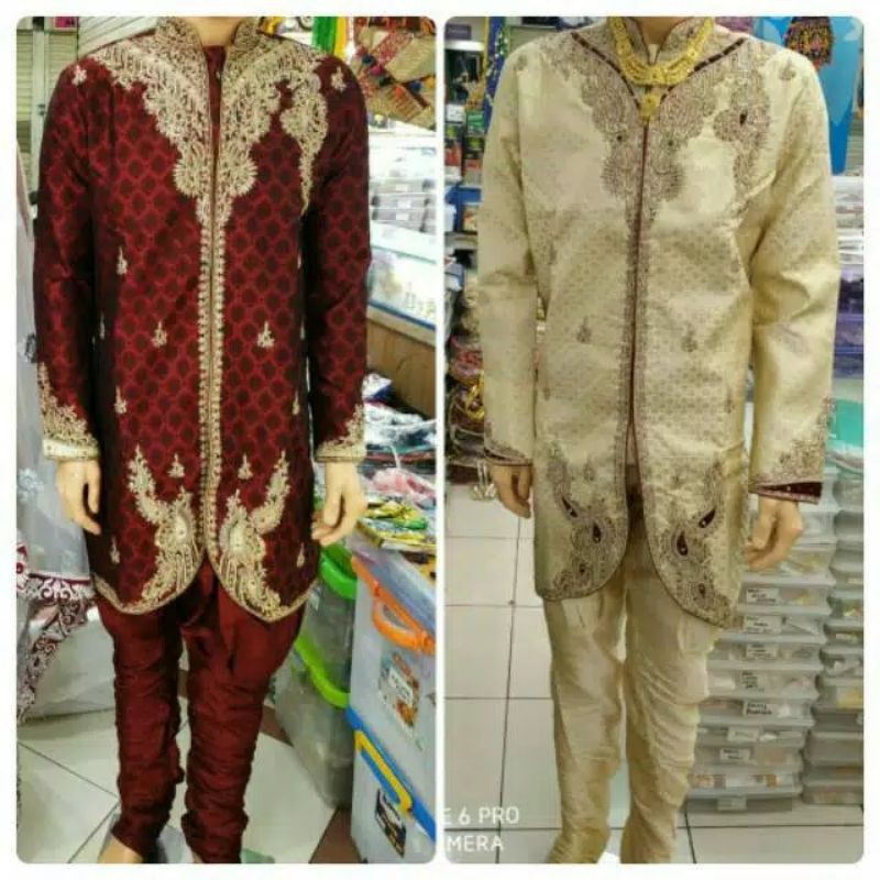 Setelan Sherwani Pria Pengantin Gaya India Motif Full Set Baju dan Celana