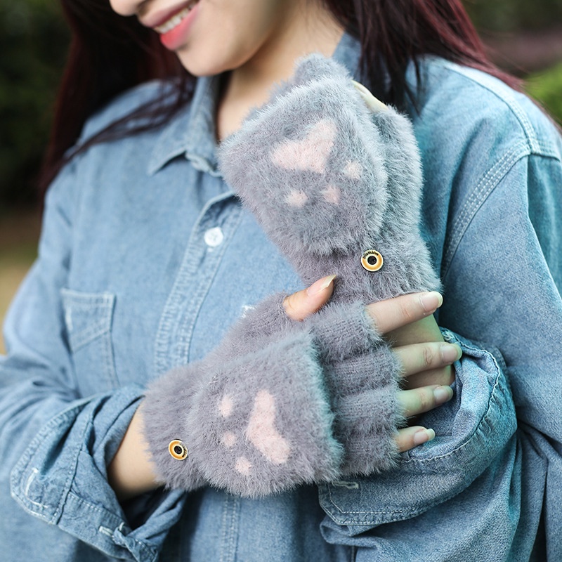 KN-37 sarung tangan bulu paw kucing nekomimi musim dingin wanita winter gloves half finger