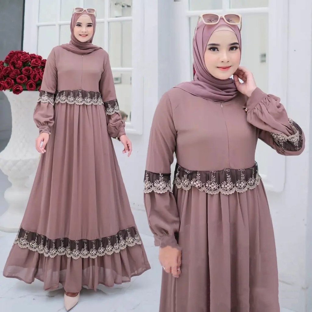 COD - Sonia Dress Gamis Muslim Premium Ceruty Mix Renda Brukat Import  Ld 110 Fit S - XL Fashion Gaun Maxy Maxi Polos Wanita Pesta Kondangan Termurah Terlaris