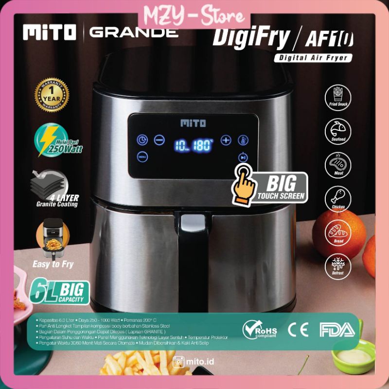 Mito Grande AF10 Air Fryer Digifry AF 10 Touch Screen Low Watt Air Prayer Alat Penggorengan Masak Tanpa Minyak Kapasitas 6 Liter - Original Garansi Resmi (FREE Food Tong)