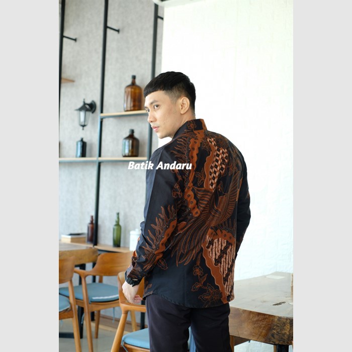 Baju Kemeja Batik Pria Lengan Panjang Modern Heem Elegant Premium Warna Hitam Coklat