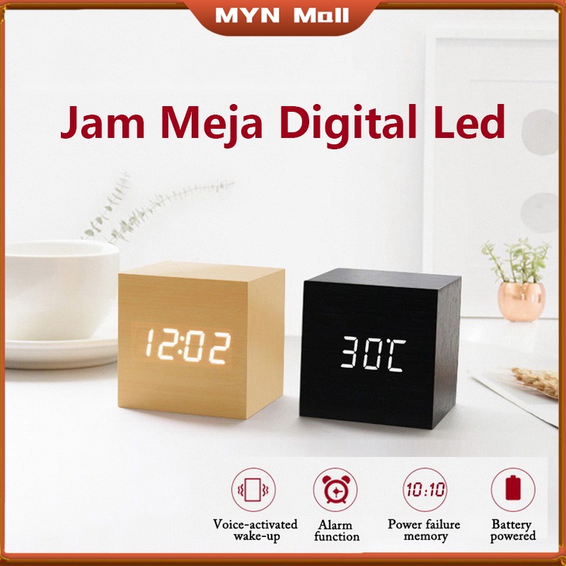 Jam Meja Digital Led Motif Kayu - Wooden Table Clock Alarm Weker