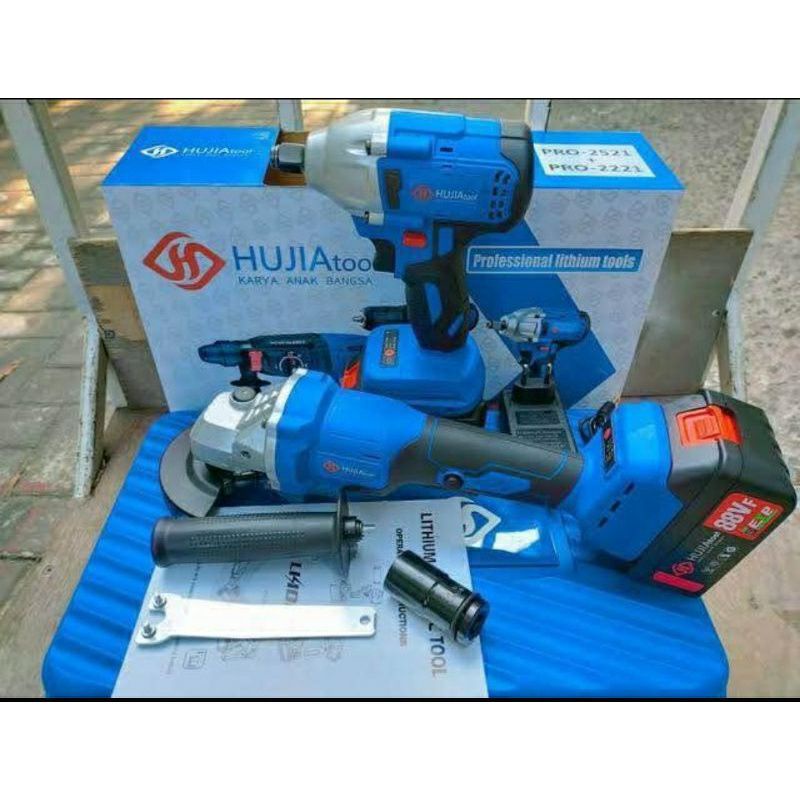 HUJIA paket 2in1 cordless gerinda pembuka baut impact wrench HUJIA 2521+2221