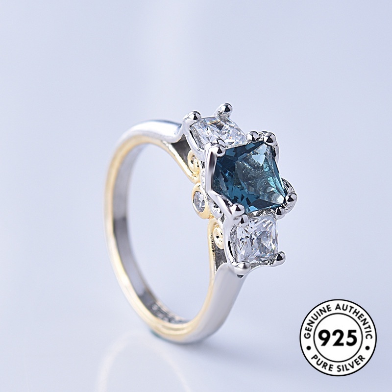 Cincin Lapis Silver 925 Dengan Batu Permata Biru Bentuk Kotak Untuk Wanita