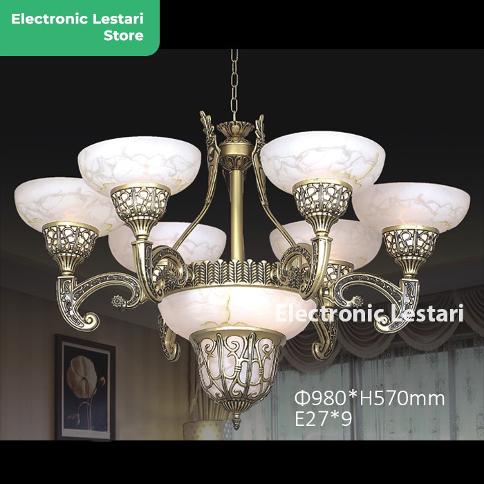 Lampu Gantung Hias Ruang Tamu Klasik Antik Cabang 6+3