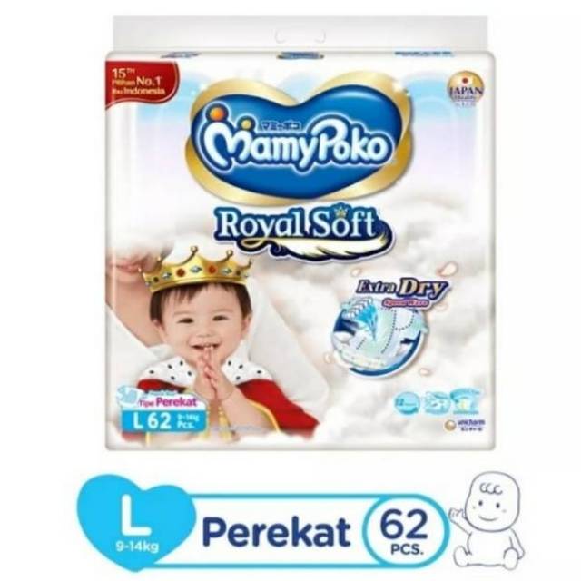 Pampers MamyPoko Tape L62 Popok Bayi Perekat Mamy Poko L isi 62 Extra Royal Soft Dry