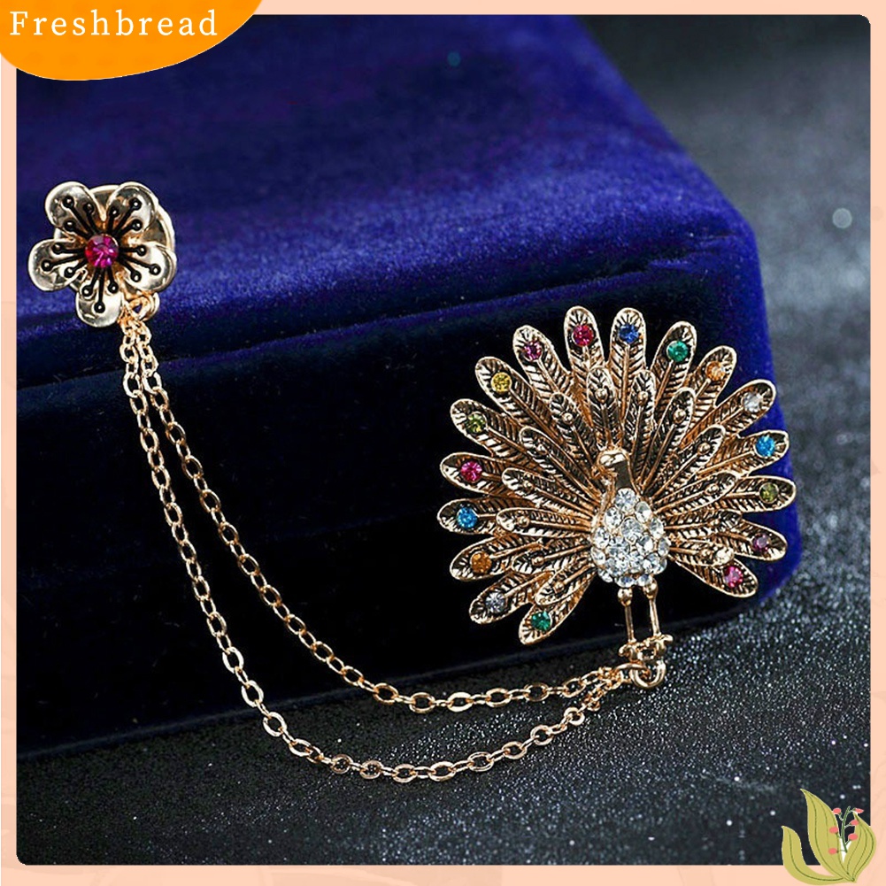 [ TERLARIS]Women Cubic Zirconia Inlaid Peacock Flower Double Chain Tassel Brooch Pin Gift