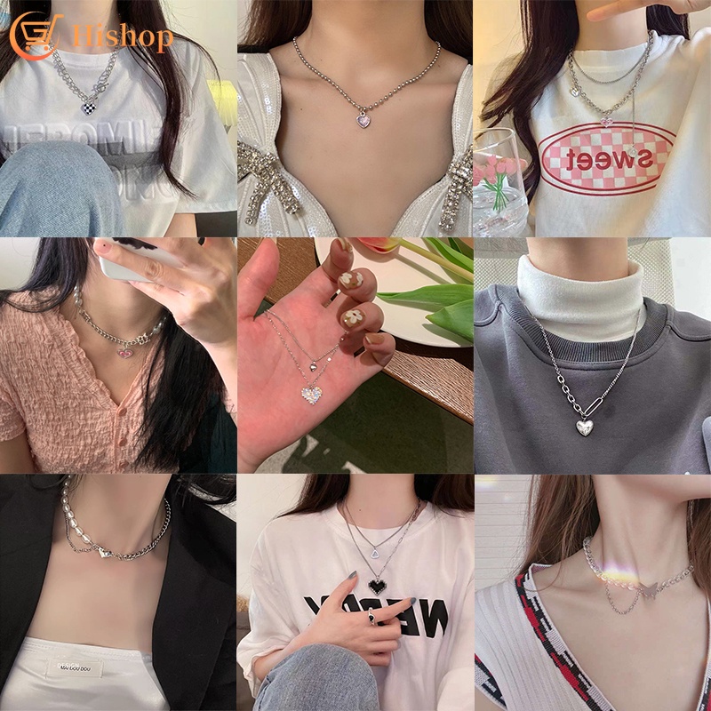 Kalung Rantai Choker Bentuk Hati Kupu-Kupu Warna Silver Untuk Wanita