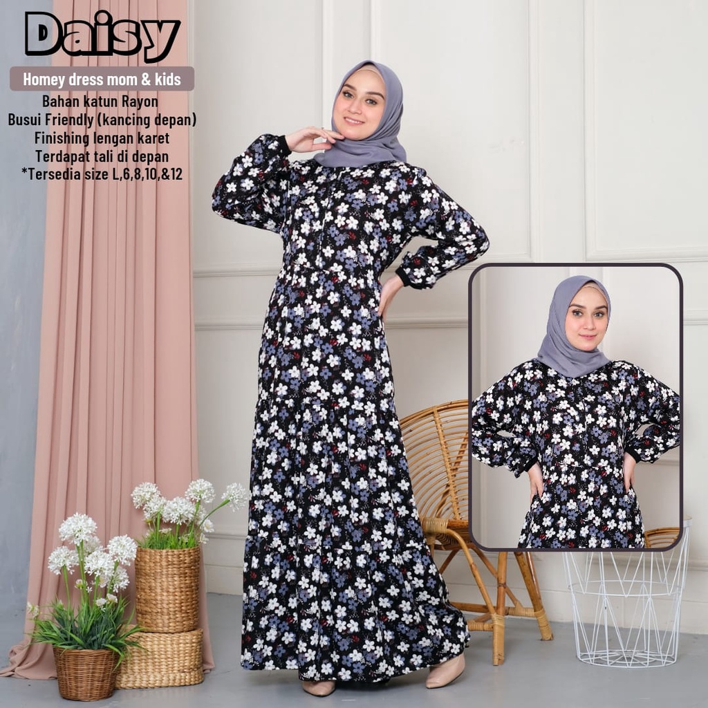 New_ (2)Daisy Dress Mom &amp; Kids-Gamis Katun Rayon Premium/Homey Dress Dewasa Jumbo-Motif Bunga-Nyaman dipakai