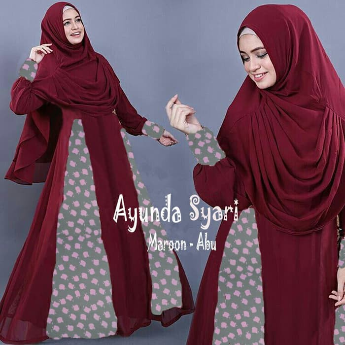 Fashion Muslim Baju Gamis Busana Muslim - AYUNDA SYARI MAROON-ABU BERGO NO PAD.
