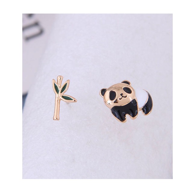 LRC Anting Tusuk Fashion Black Panda Bamboo Asymmetric Stud Earrings A60194