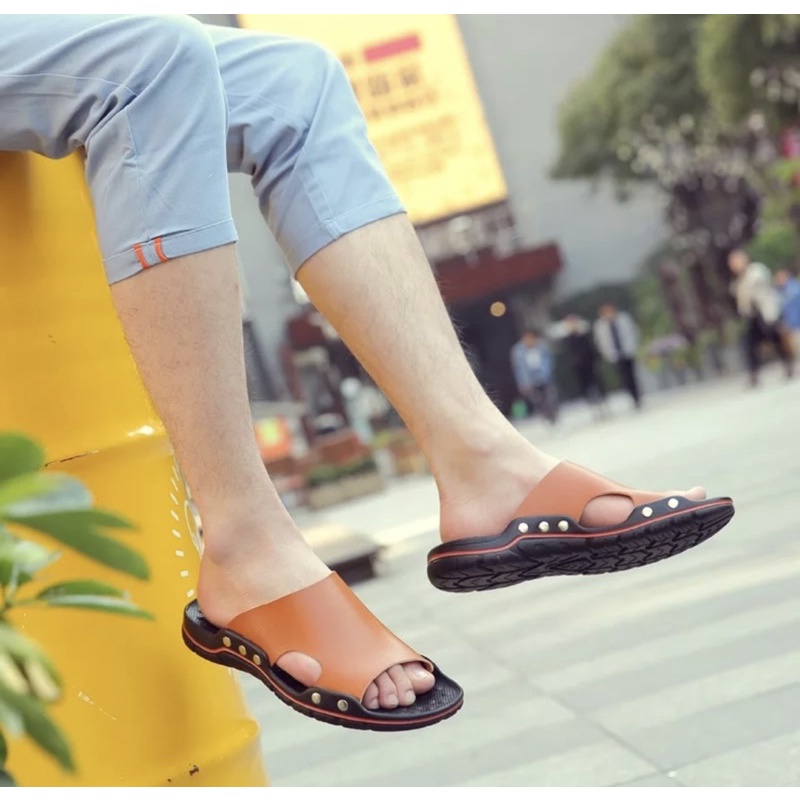 Sandal slop pria slim Jameson Kimura model tres terbaru bahan kulit  / Sandal slop tres pria kokoh (39-43)