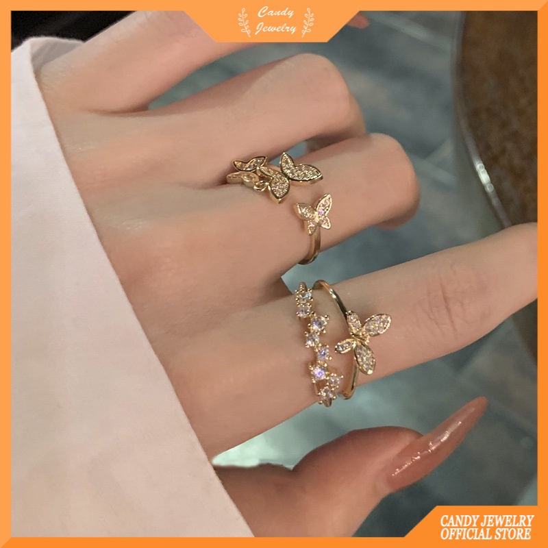 Cincin Model Butterfly Double layer Warna Emas Gaya Korea Untuk Wanita