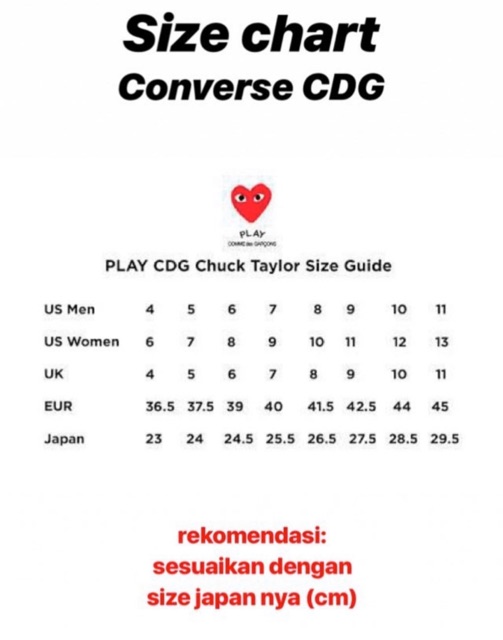 cdg x converse size chart