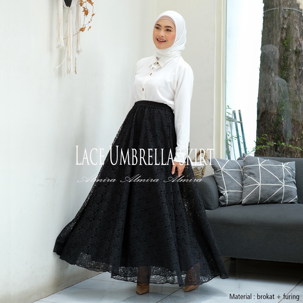 Rok Hitam Panjang Pesta Muslimah Lace Umbrella Skirt Rok Flare Rok Brukat Griyaraditya Almira