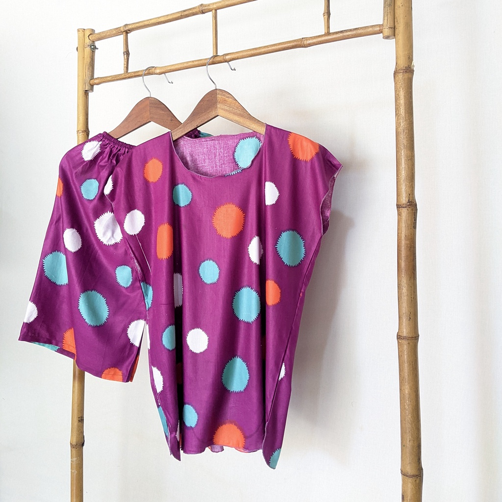 Baju Tidur Tanpa Lengan Piyama Krill Setelan Midi Homewear Homey Dress Baby Doll Dewasa Nyaman Di Rumah Santai WFH Rayon One Set Pajamas-polka purple