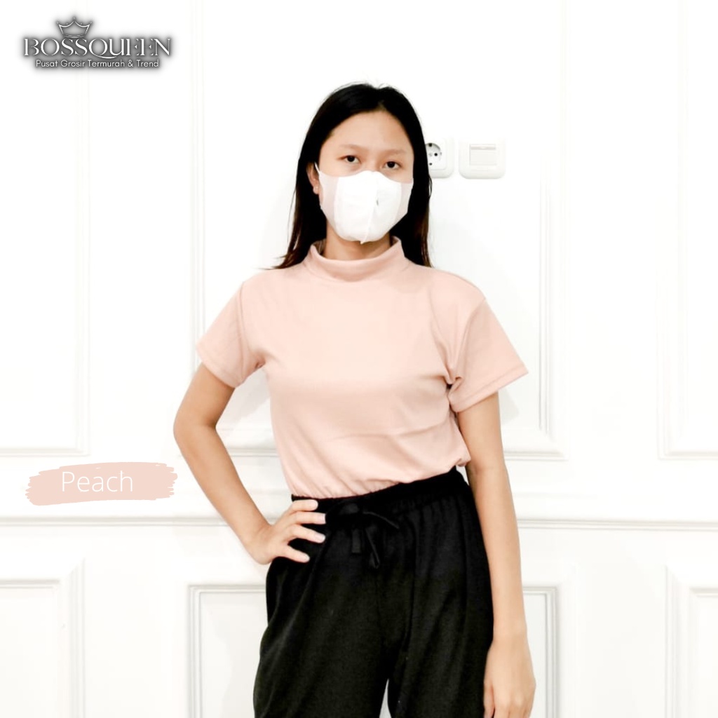 Atasan Basic Rajut Wanita Turtleneck - Kerah Tinggi Lengan Pendek - Knit Premium