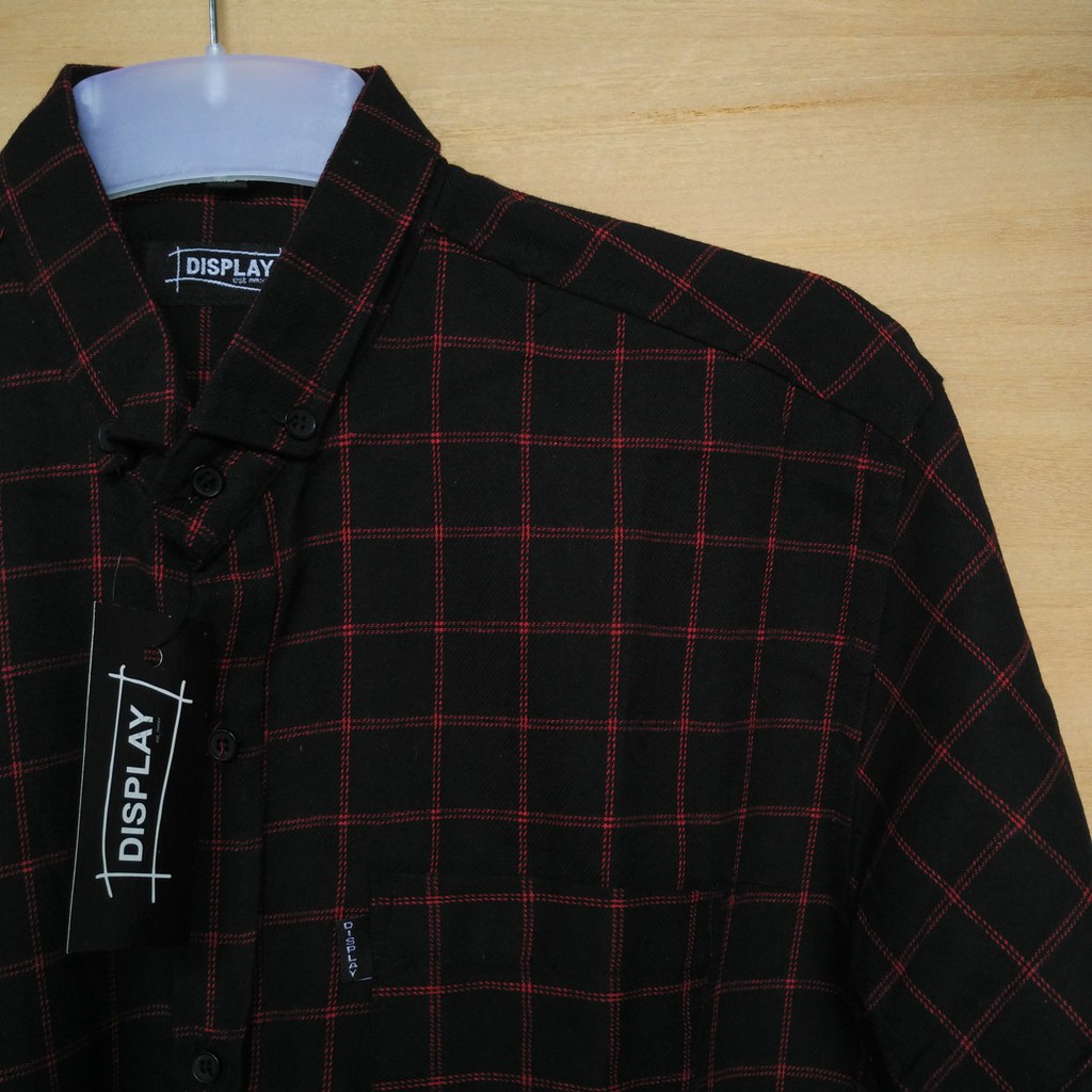 KEMEJA HEM FLANEL  PRIA COWOK LENGAN PANJANG KOTAK MERAH HITAM MEREK DISPLAY MURAH SIZE XL