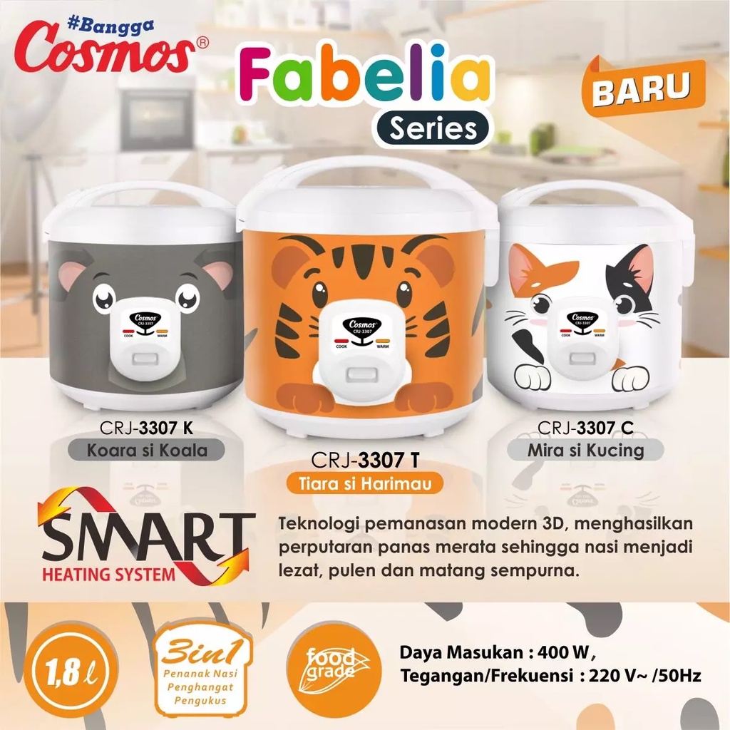 Magic Com Cosmos CRJ-3307 Garansi Resmi | Penghangat Penanak Nasi Rice Cooker Magikom CRJ 3307 Karakter Kucing Koala HarimauMagicom Magickom Mejikom Meijikom