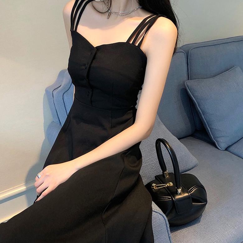 Women A-Line Button Midi Dress Wanita Bahu Terbuka 1319 (Xs-Xl)