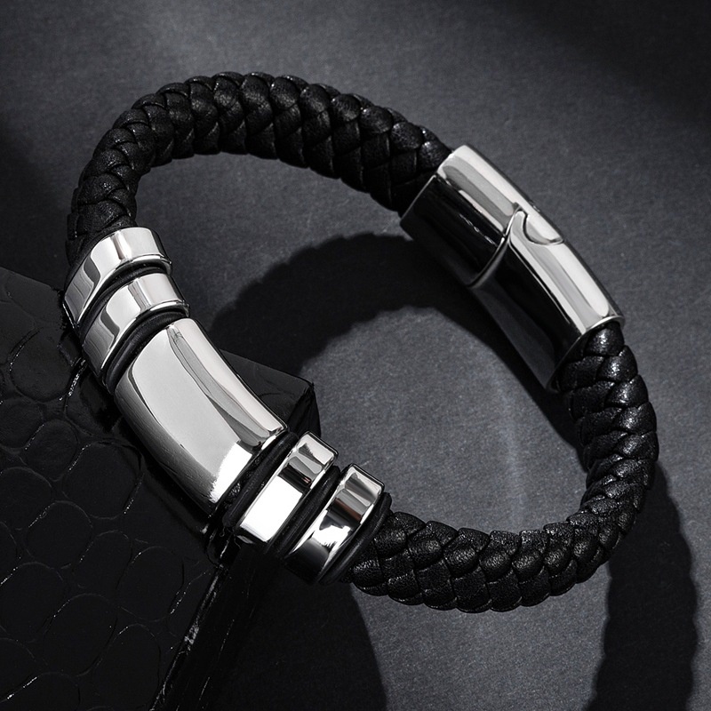 Gelang Bahan Kulit Dengan Buckle Magnetik Warna Hitam Glossy Gaya Klasik Untuk Pria